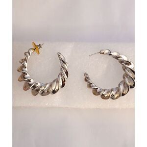 Vintage Silver Tone Twisted Hoop Earrings 2” Sculptural Spiral Pierced